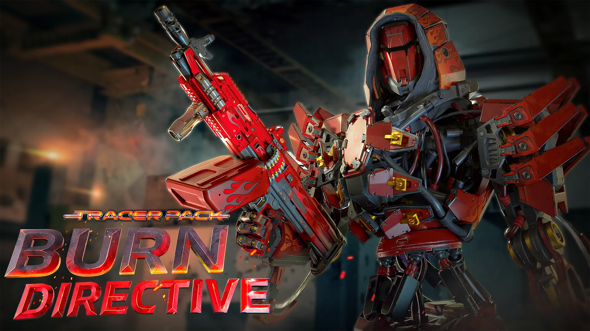 “Burn Directive” graphic features a red armored operator holding a matching red firearm.
