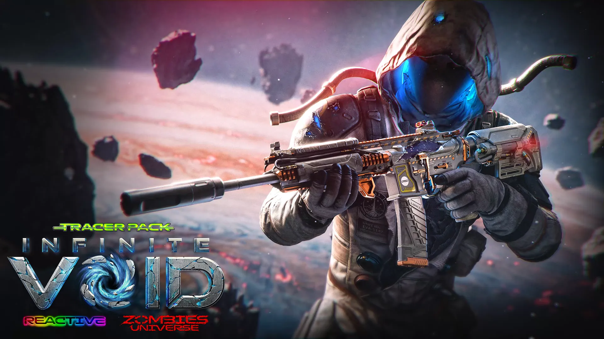 “Infinite Void” graphic features a hooded operator aiming a futuristic rifle amid floating rocks.