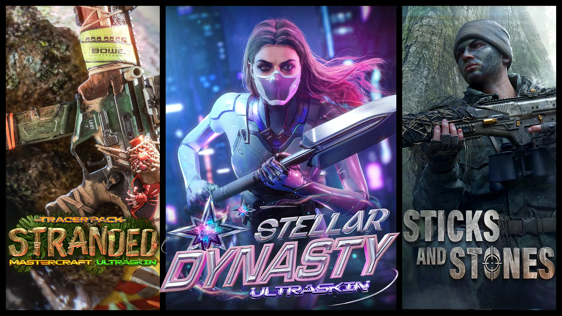 Three promotional panels feature the Stranded, Stellar Dynasty, and Sticks and Stones bundles.