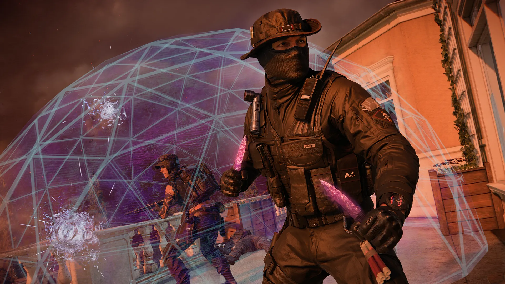 An operator carrying glowing knives stands in front of a translucent dome while a teammate fires from cover.