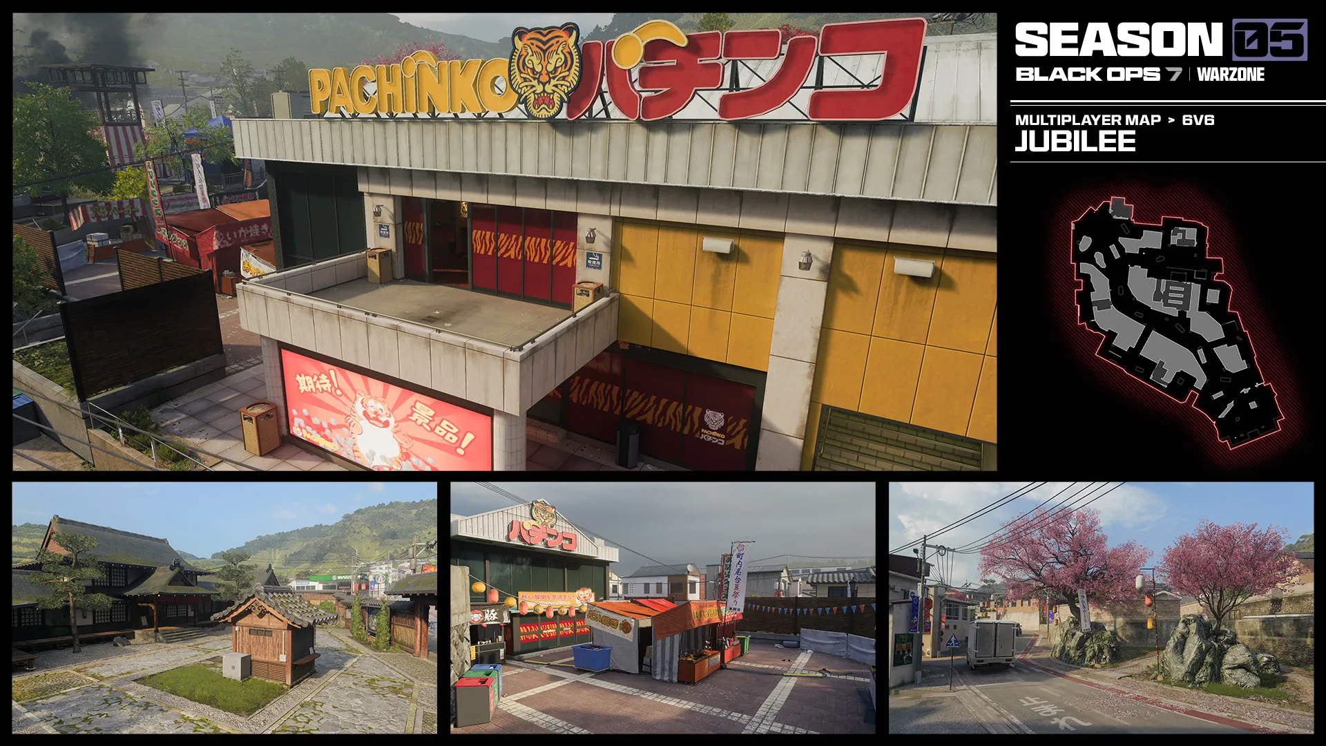 Collage introducing the 6v6 multiplayer map Jubilee, featuring a pachinko arcade, festival streets, shrine grounds, and a tactical map layout.