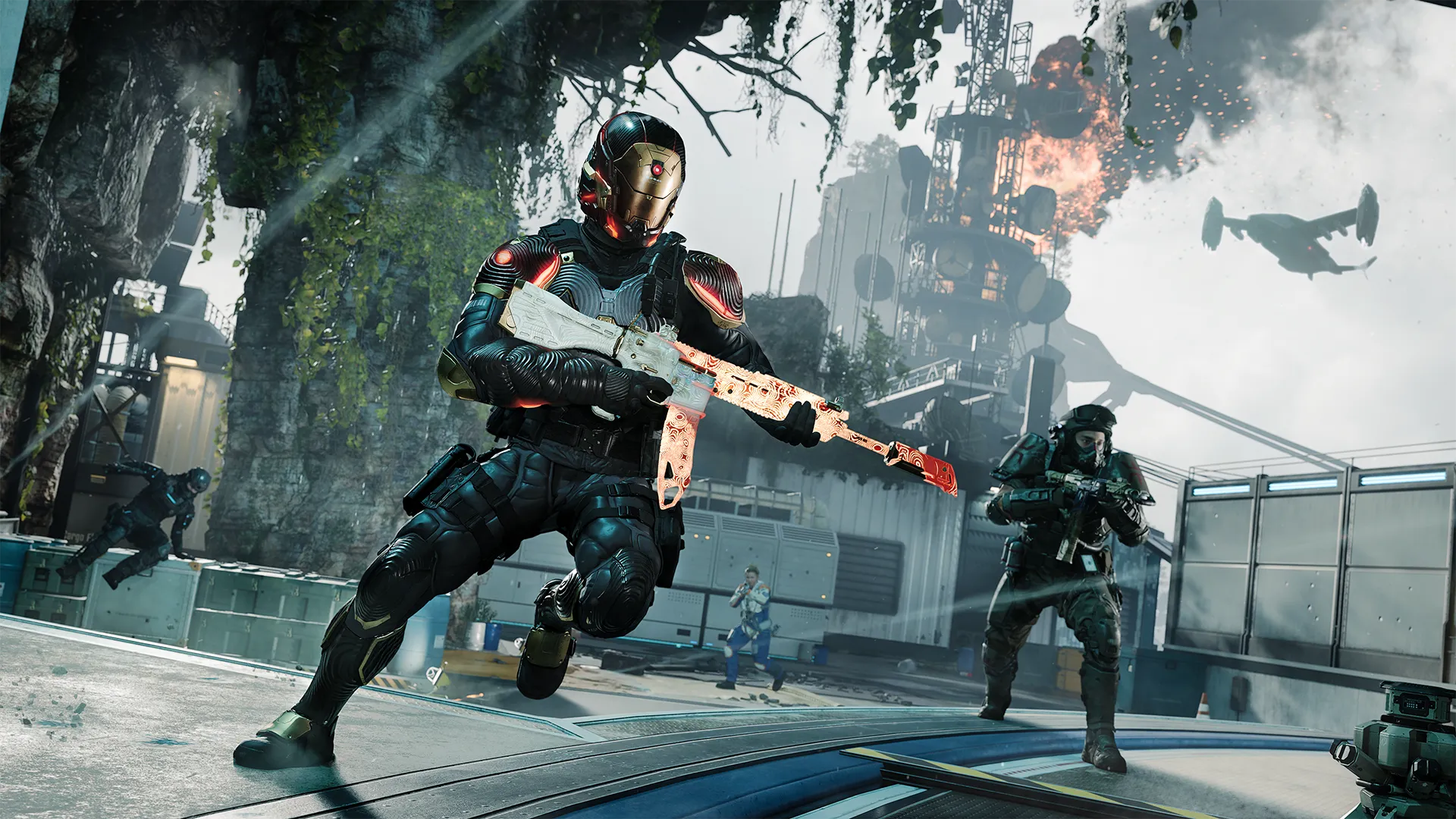 A futuristic operator rushes forward with a customized rifle while teammates advance through the Frequency map.