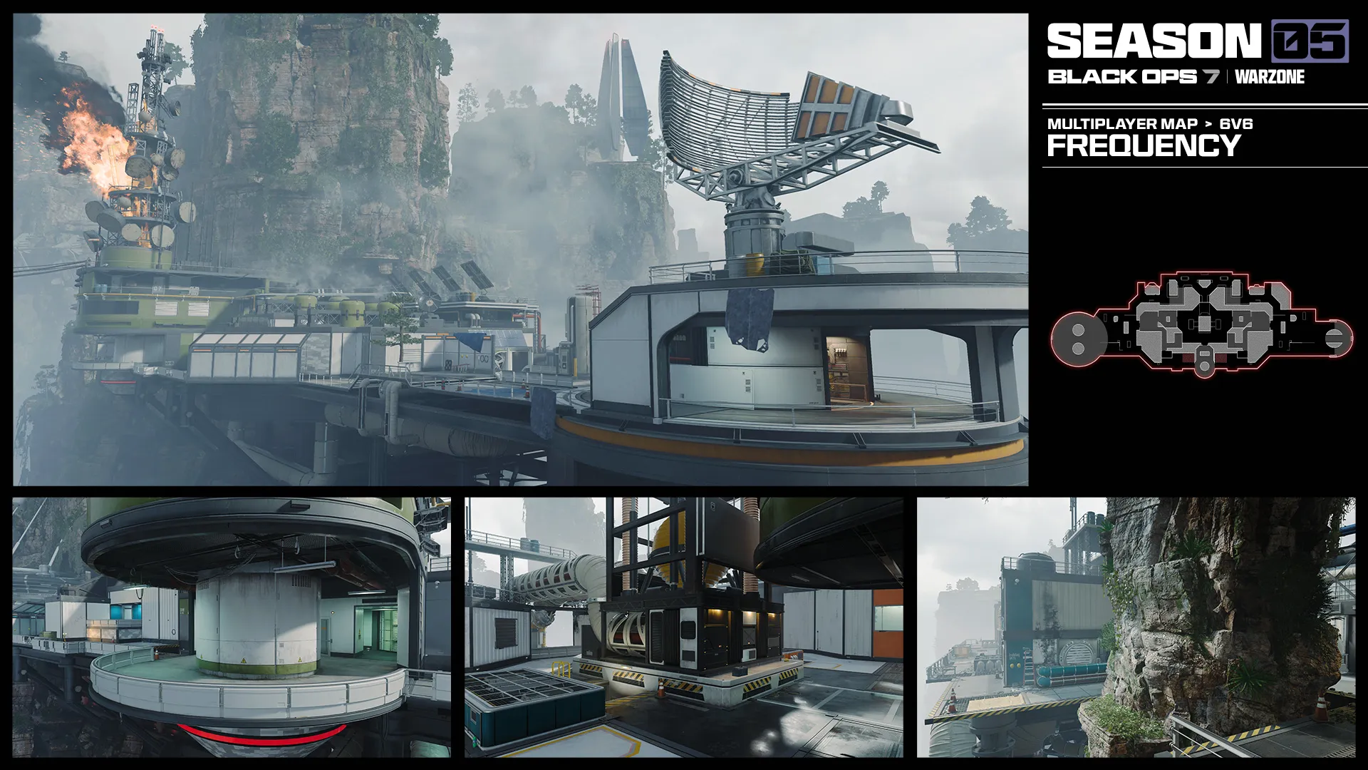 Collage showcasing the 6v6 multiplayer map Frequency, featuring a cliffside communications facility with radar arrays and industrial structures.
