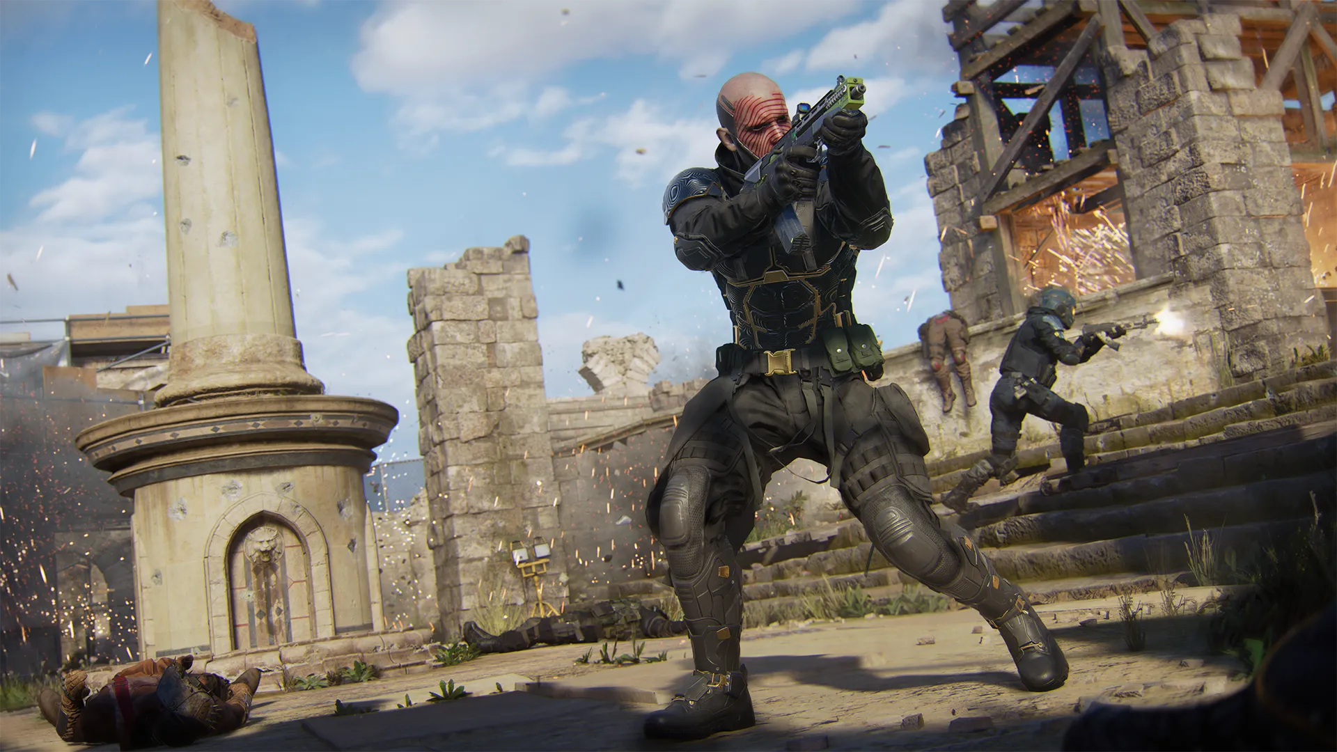 An operator fires a compact weapon across the Dig ruins as teammates engage enemies nearby.