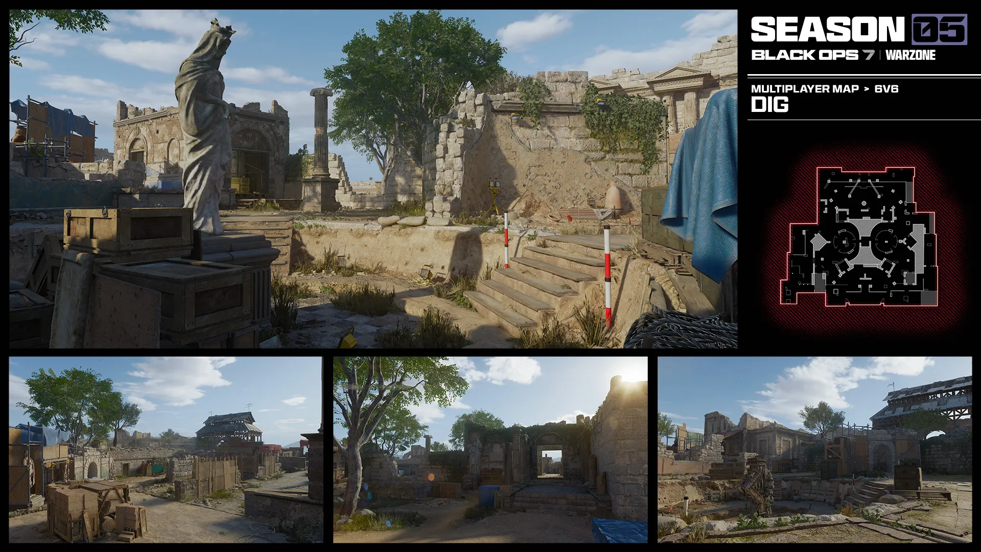 Collage introducing the 6v6 multiplayer map Dig, highlighting archaeological ruins, stone courtyards, and excavation sites.