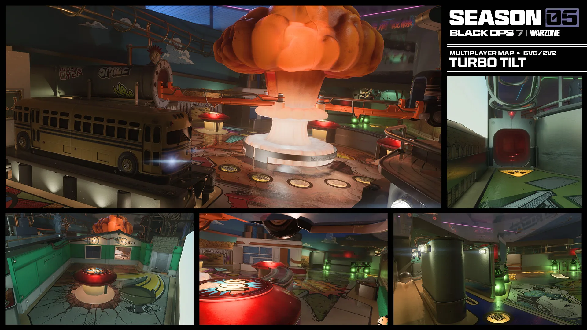 Collage showcasing the 6v6/2v2 multiplayer map Turbo Tilt, centered around a retro arcade with a giant mushroom cloud attraction.