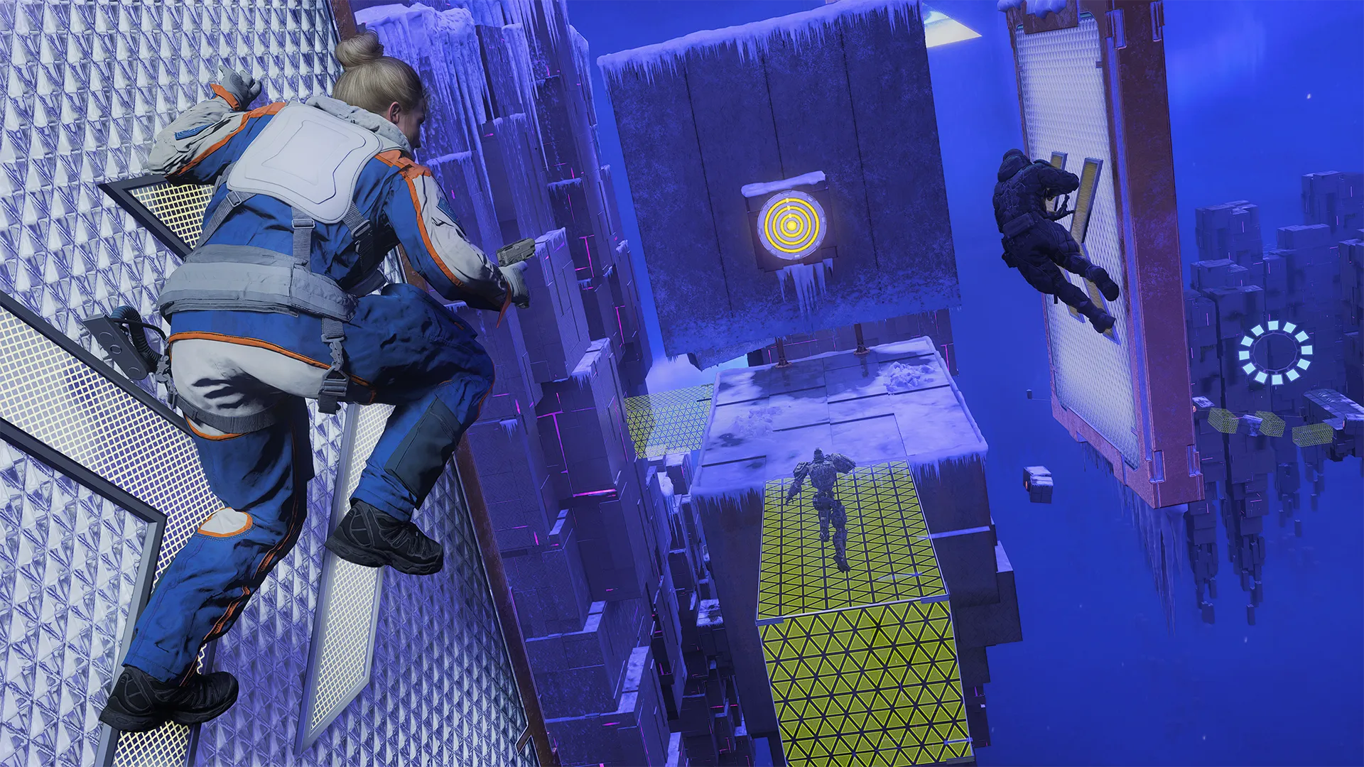 A player wall-runs through floating platforms toward a glowing target in the Freerun: Descent course.