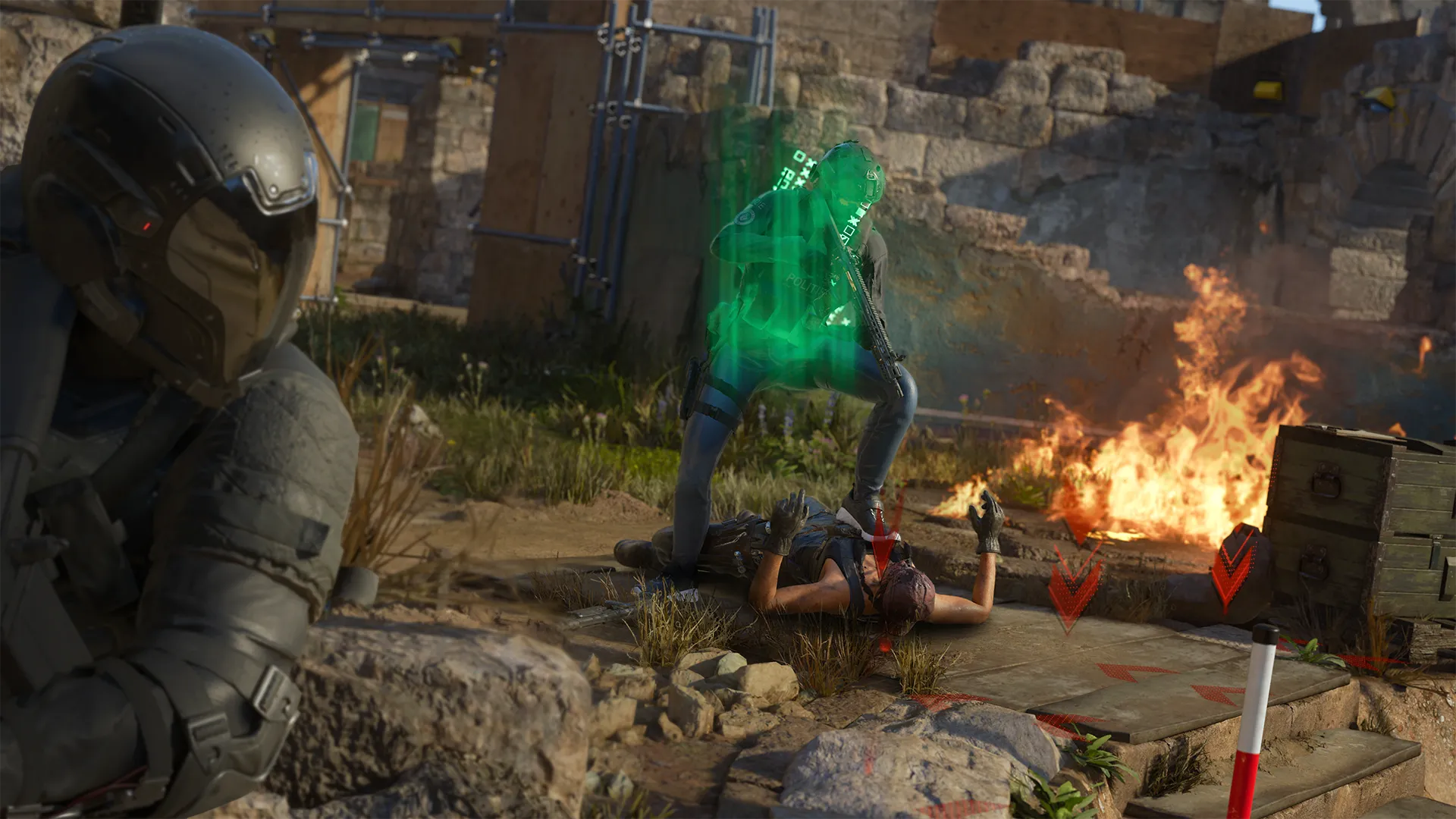 A green holographic Overdrive activated Operator stands over a fallen player while another watches from nearby cover.
