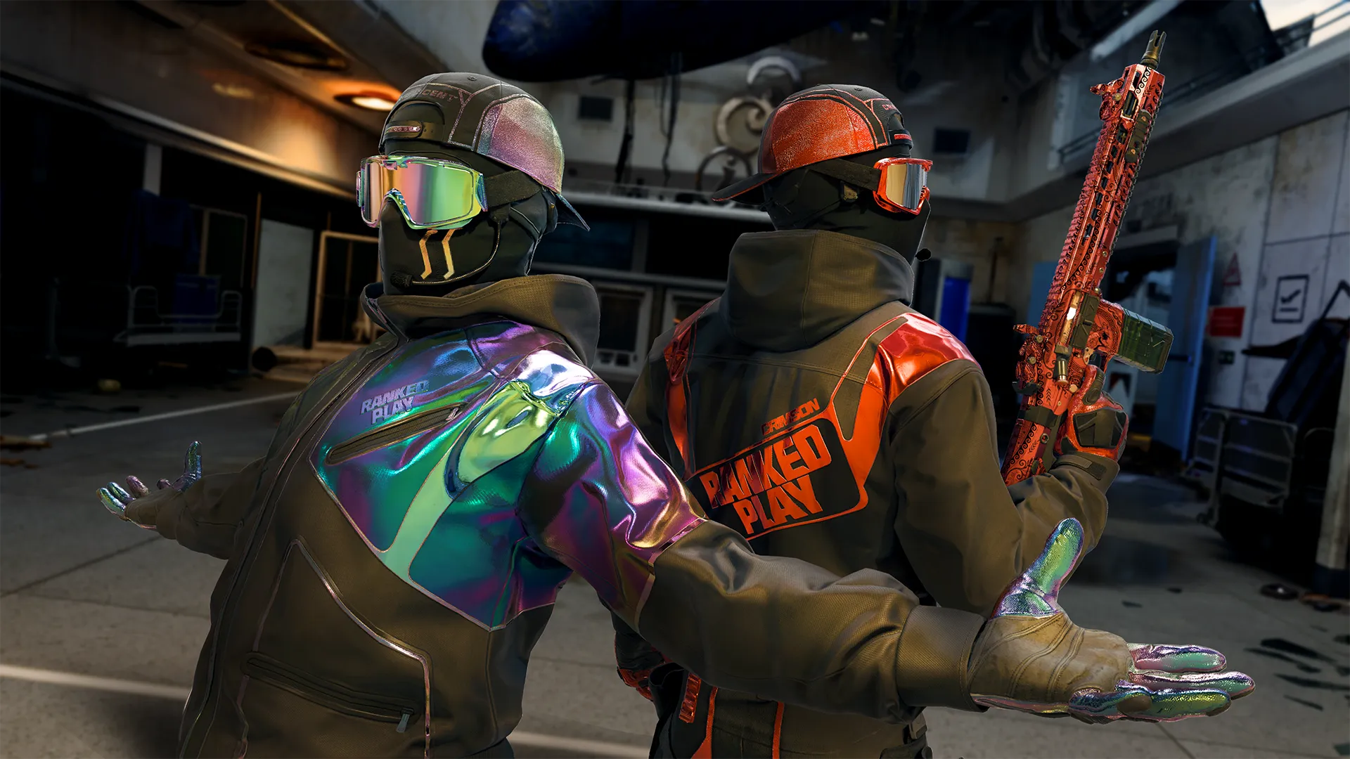 Two Ranked Play operators in reflective jackets and mirrored goggles pose back-to-back, with one holding a customized rifle.