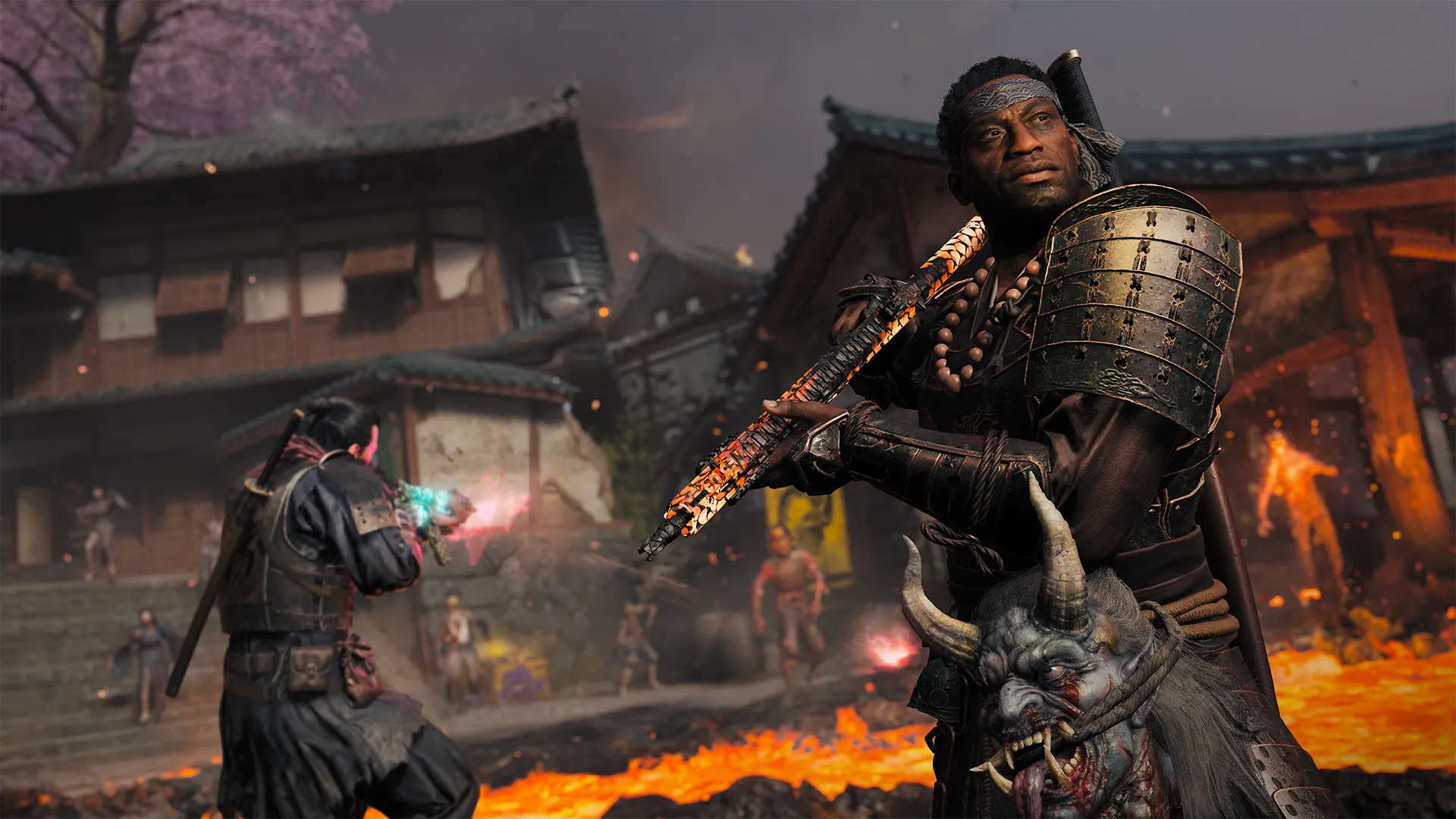 An armored Carver aims a customized rifle while a teammate battles zombies across a lava-filled Japanese village.