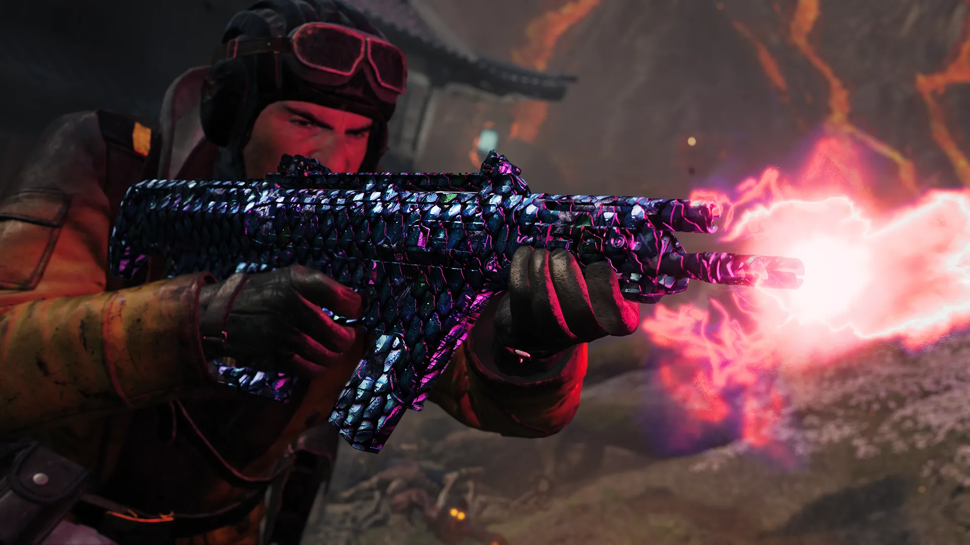 A close-up of a customized rifle firing a bright pink energy-like tracer blast during combat.