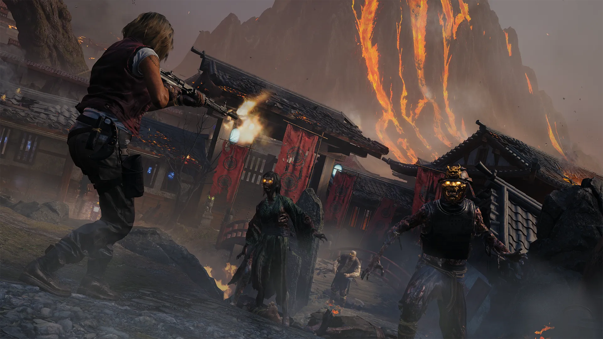 A survivor fires at approaching zombies in a burning village beneath a volcano streaked with flowing lava.