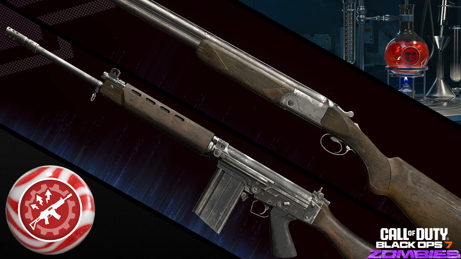 Two classic firearms are displayed with a Zombies-themed perk icon and laboratory equipment in the background.