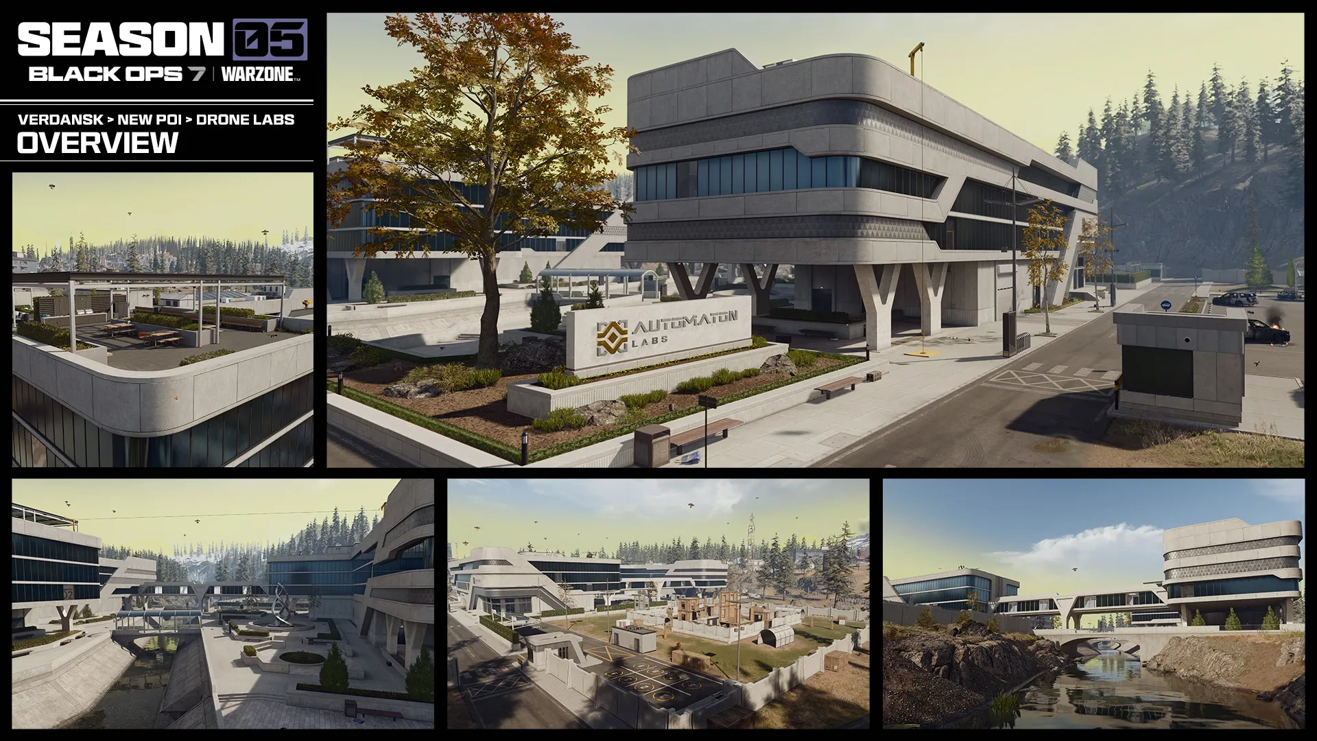 Collage introducing the new Verdansk Drone Labs point of interest, featuring modern research buildings and outdoor courtyards.