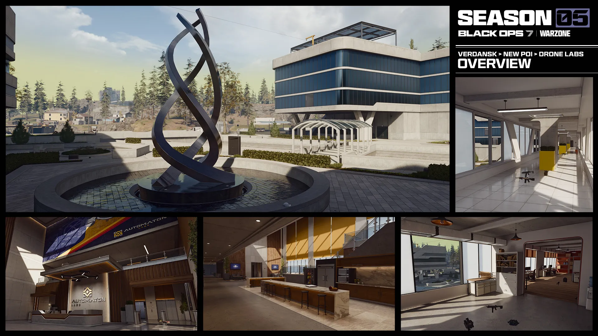 Collage highlighting the Drone Labs interior and exterior, including laboratories, offices, and a fountain plaza.