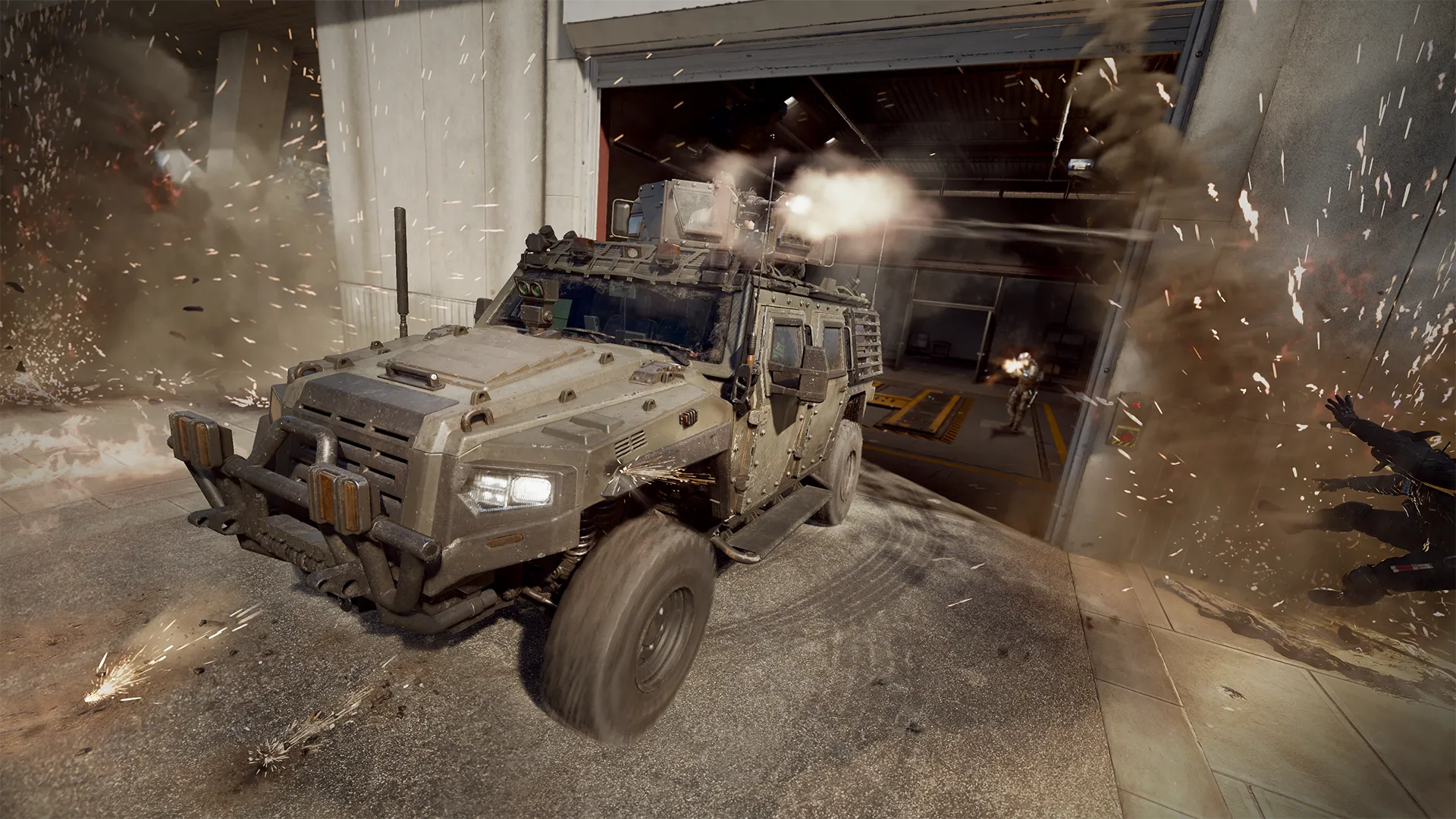 An armored tactical vehicle bursts through a garage entrance while firing amid explosions.