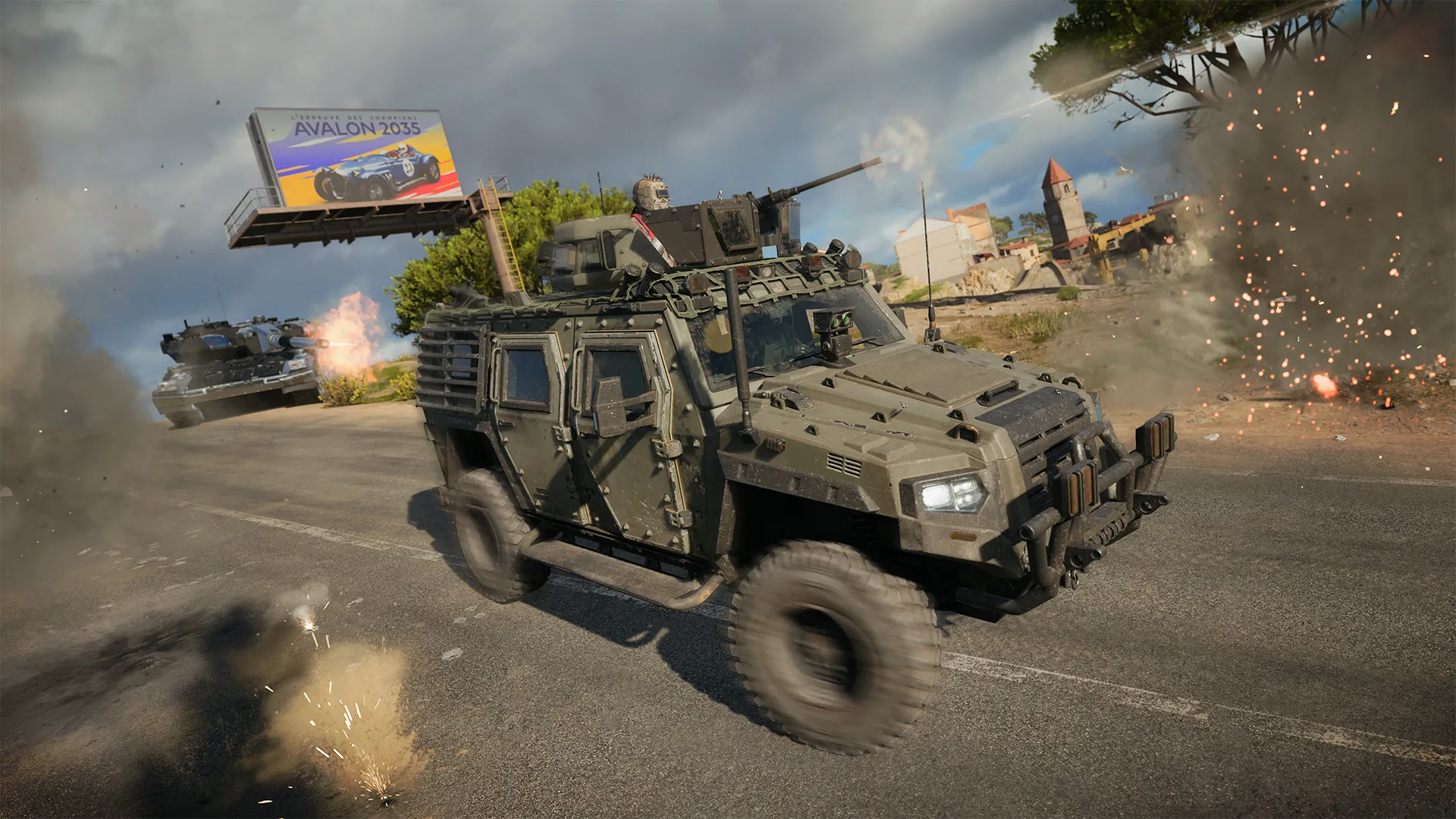 An armored tactical vehicle races across a roadway while another vehicle fires in the background.