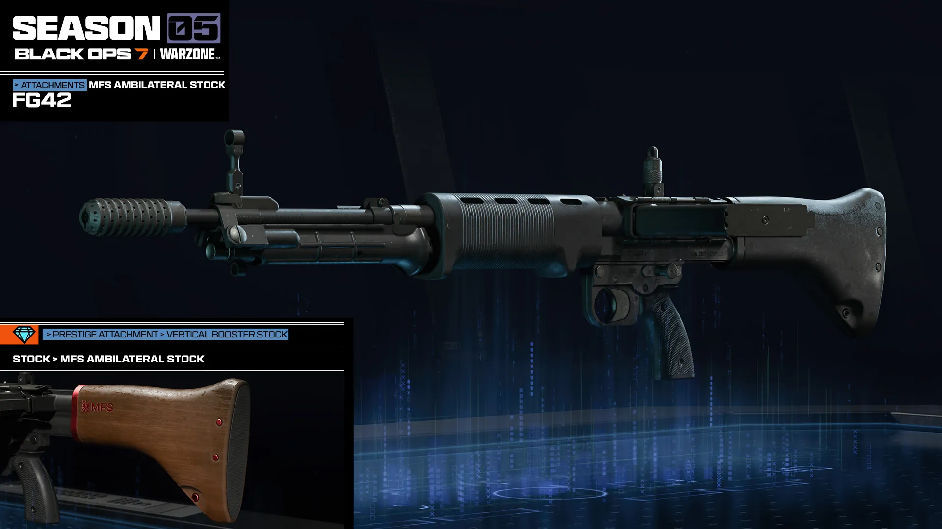 FG42 attachment showcase featuring the MFS Ambilateral Stock and Vertical Booster Stock upgrade.