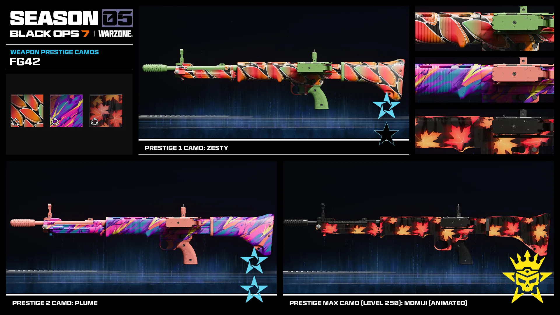 FG42 Prestige weapon camos showing colorful unlockable finishes from Prestige 1 through Prestige Master.