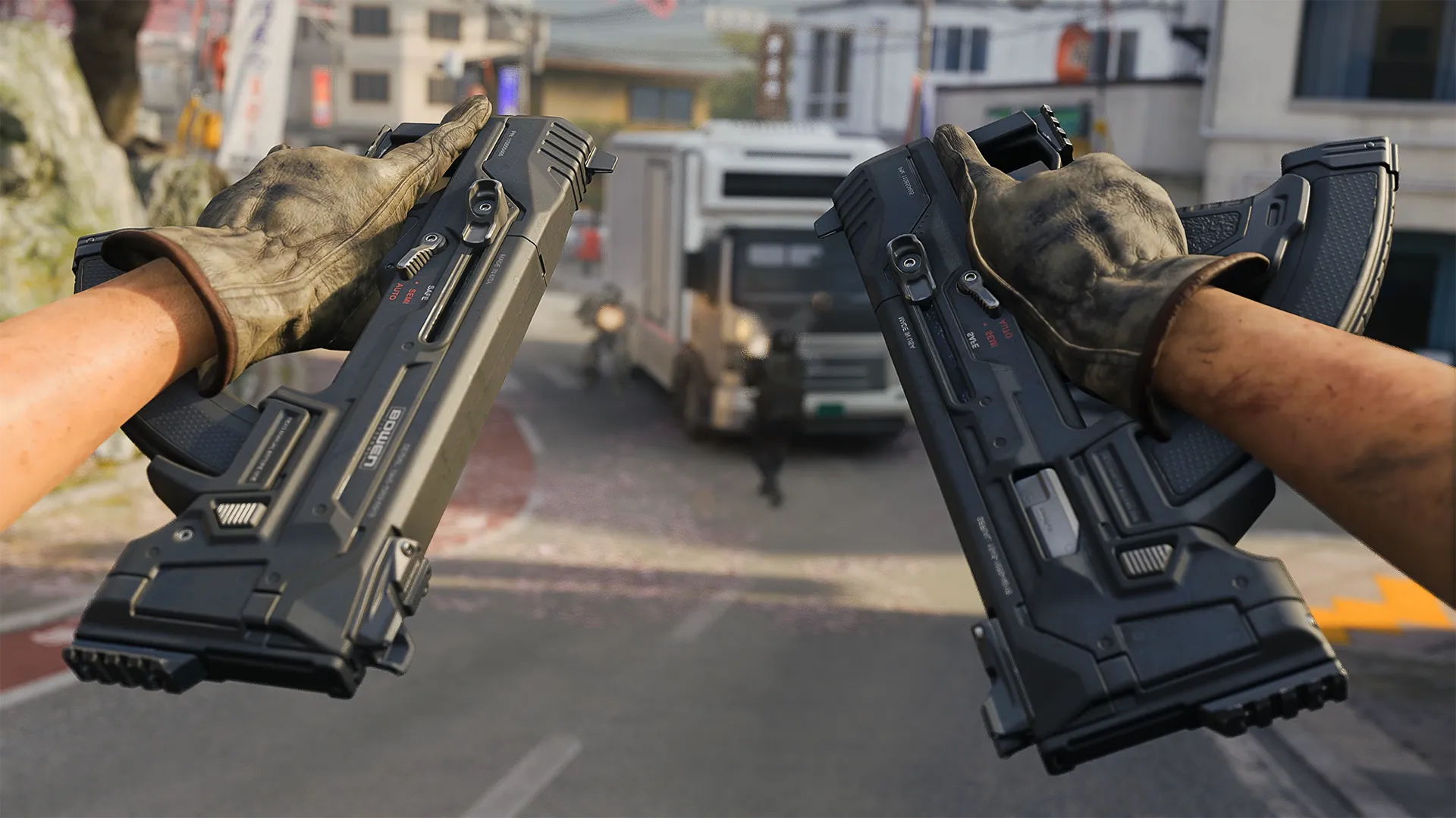 A first-person view shows dual futuristic machine pistols aimed toward enemies near a delivery truck.
