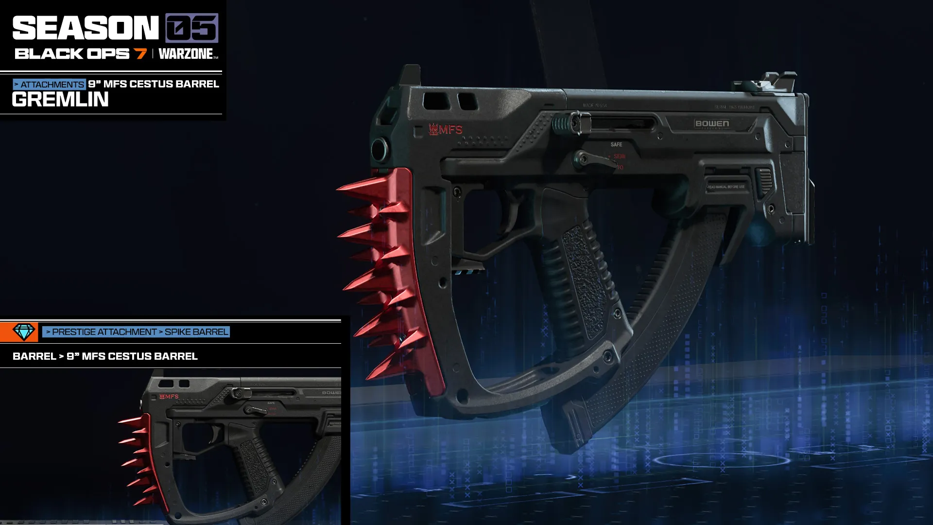 Gremlin attachment showcase featuring the 9-inch MFS Cestus Barrel with an integrated spiked front end.