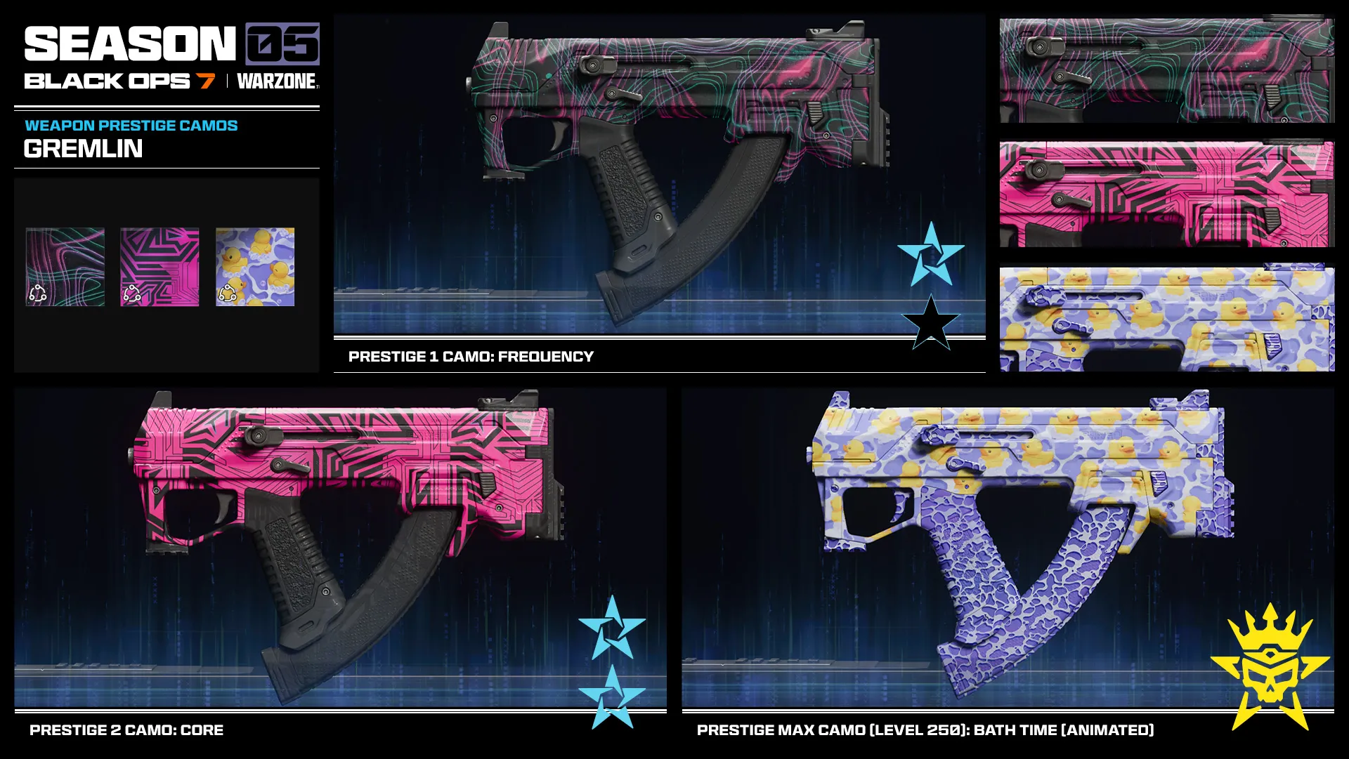 Gremlin Prestige weapon camos displaying unlockable designs from Prestige 1 through Prestige Master.