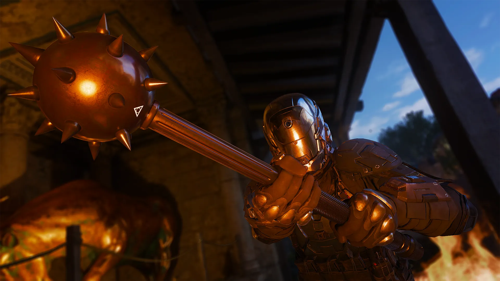 An armored operator raises a spiked mace while standing beside a glowing furnace.