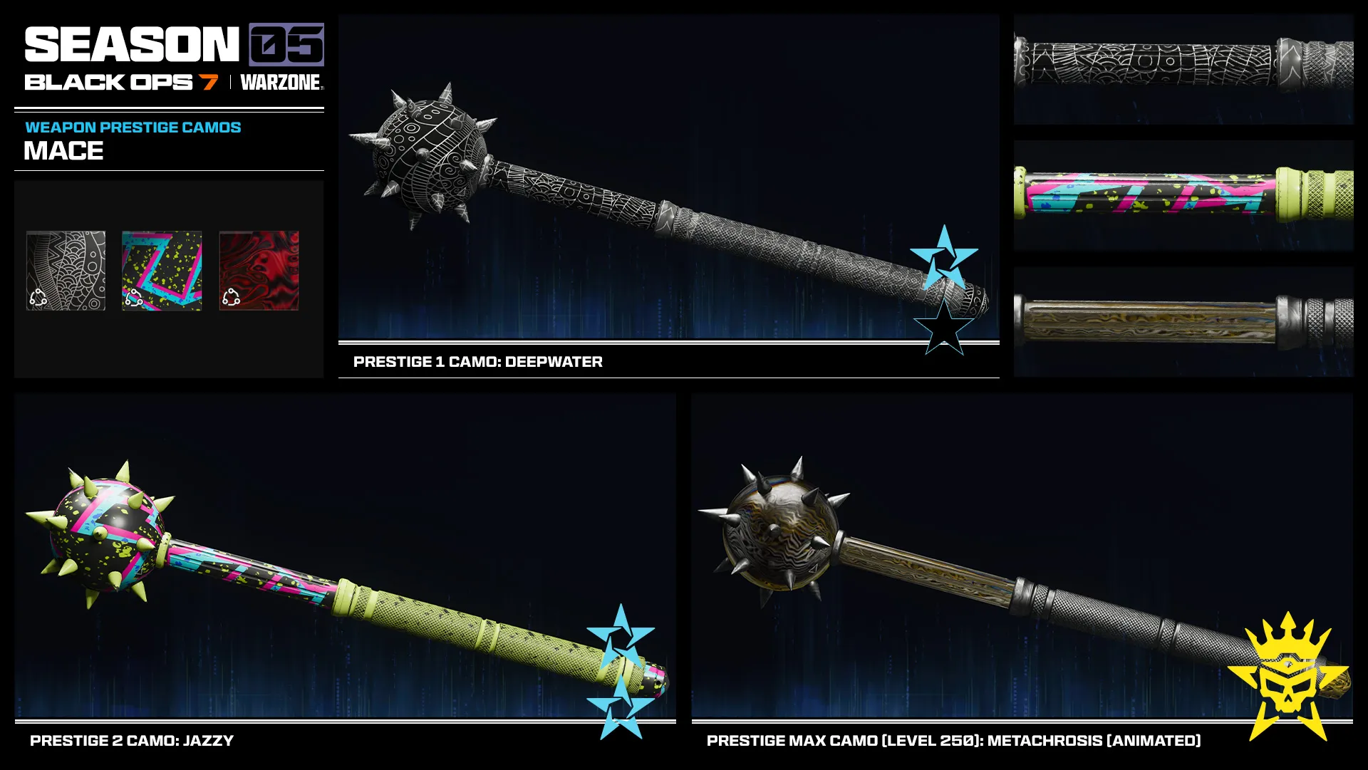 Season 05 Prestige camos for the Mace melee weapon, showcasing Prestige 1, Prestige 2, and Prestige Master animated finishes.