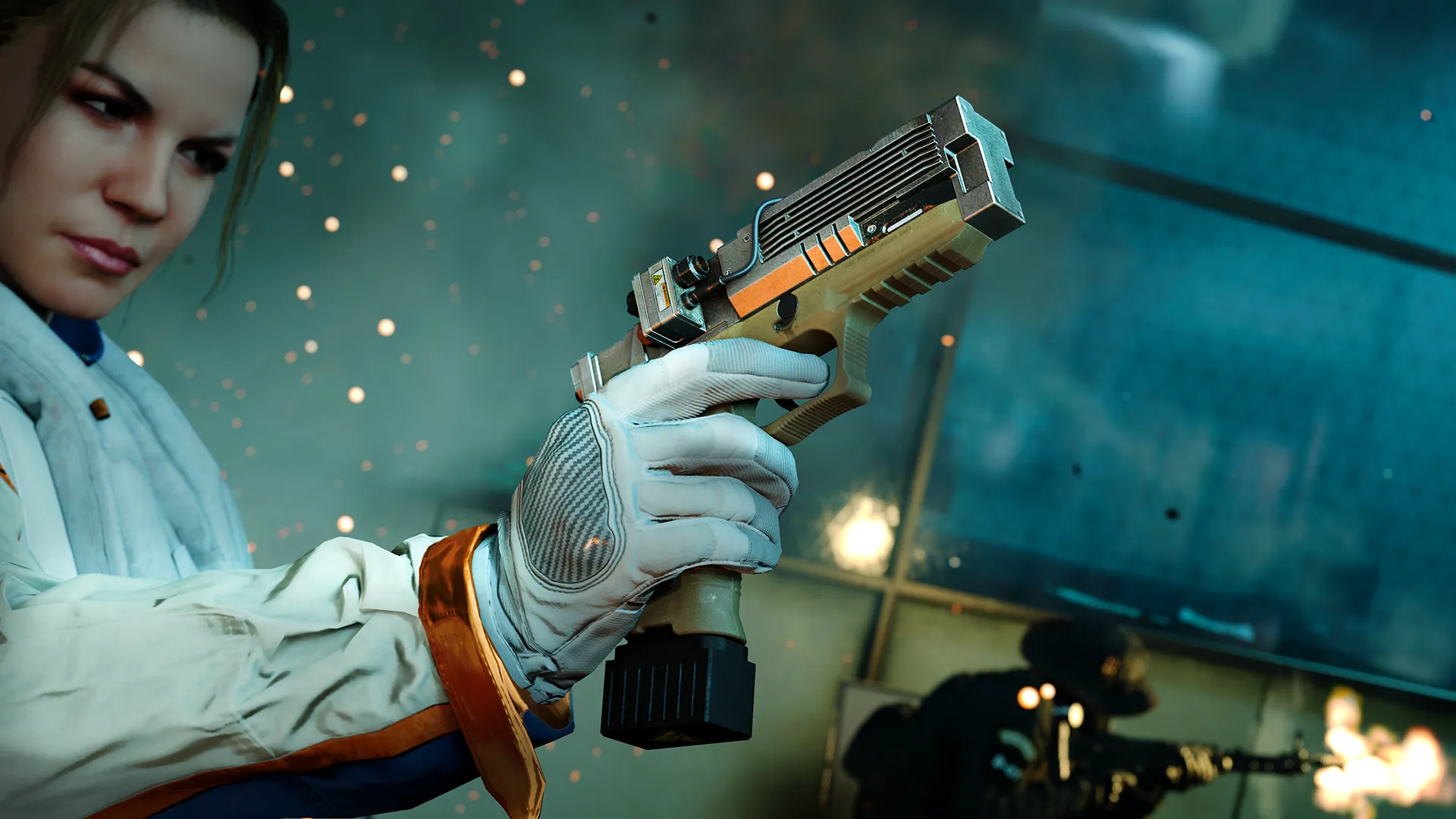 A close-up shows a futuristic pistol fitted with an EMP conversion device in a character's gloved hand.
