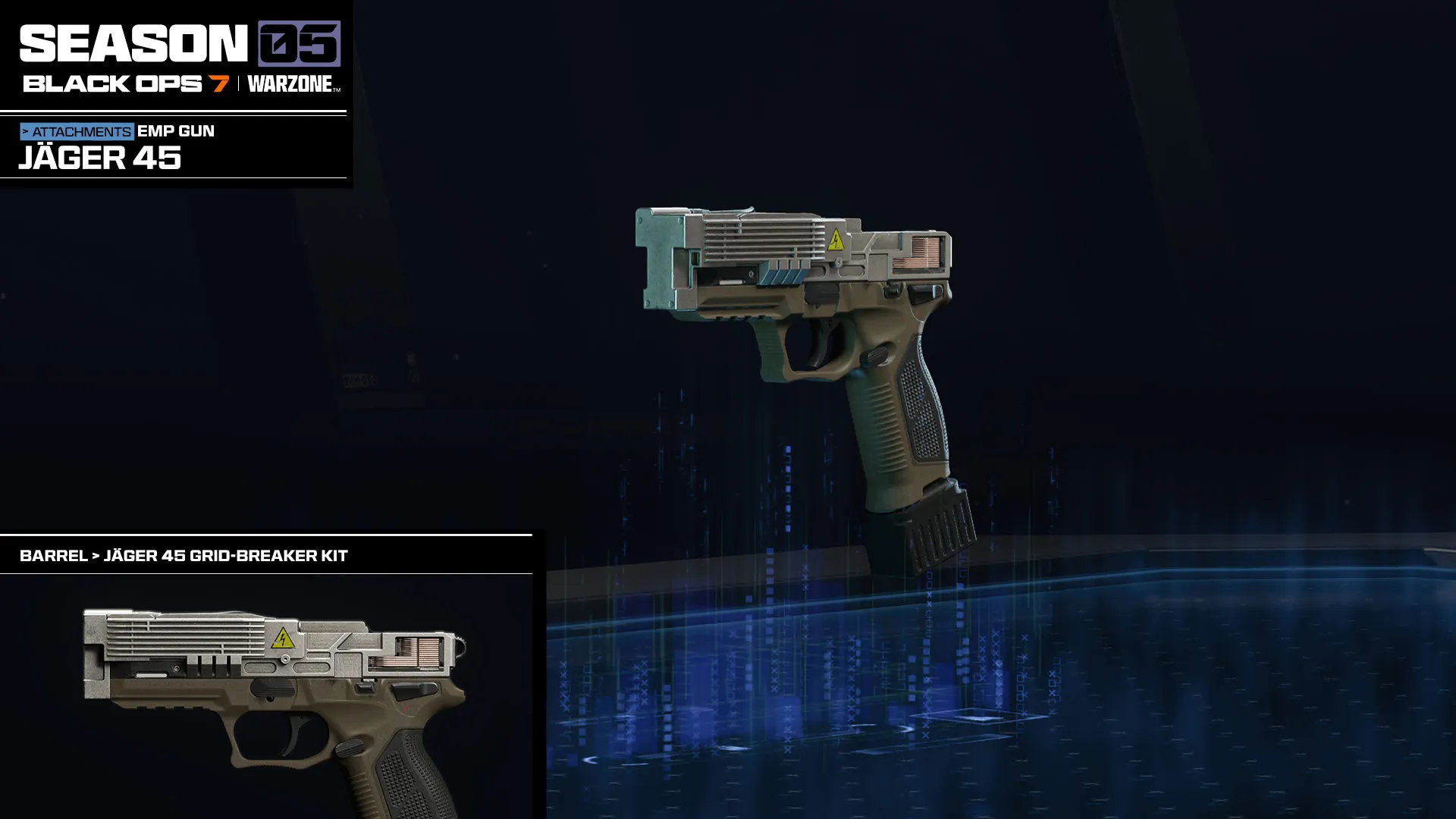 Attachment showcase for the Jäger 45 EMP Gun, highlighting the Jäger 45 Grid-Breaker Kit conversion.