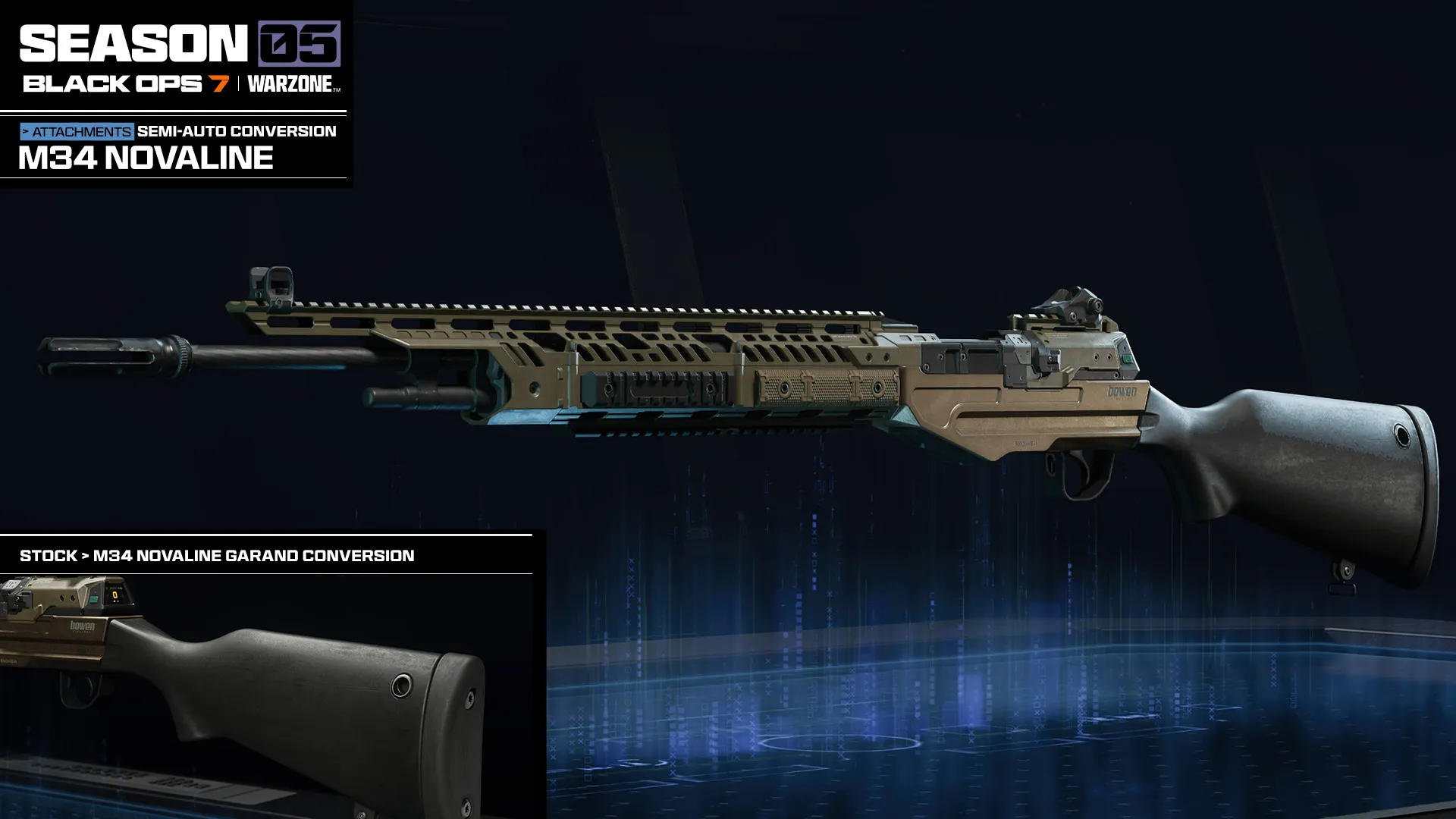 Attachment showcase for the M34 Novaline shotgun, featuring the Garand Conversion semi-auto kit.
