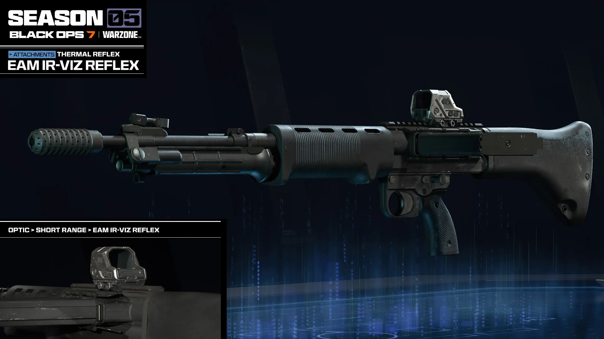 Attachment showcase for the EAM IR-Viz Reflex, highlighting a thermal reflex optic mounted on an Assault Rifle.