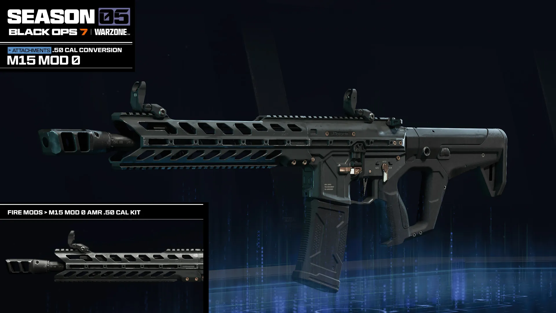 Attachment showcase for the M15 MOD 0, featuring the AMR .50 Cal Conversion Kit.