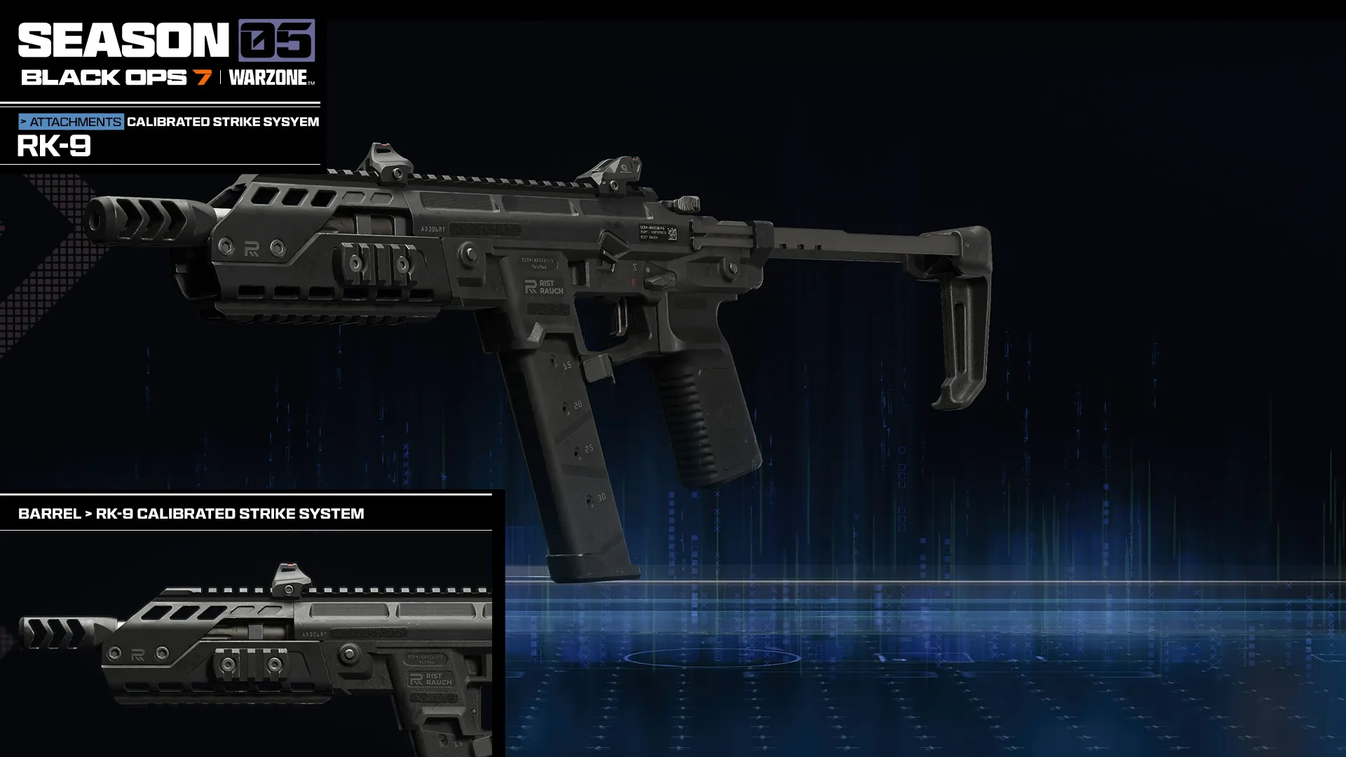 Attachment showcase for the RK-9, featuring the Calibrated Strike System barrel attachment.