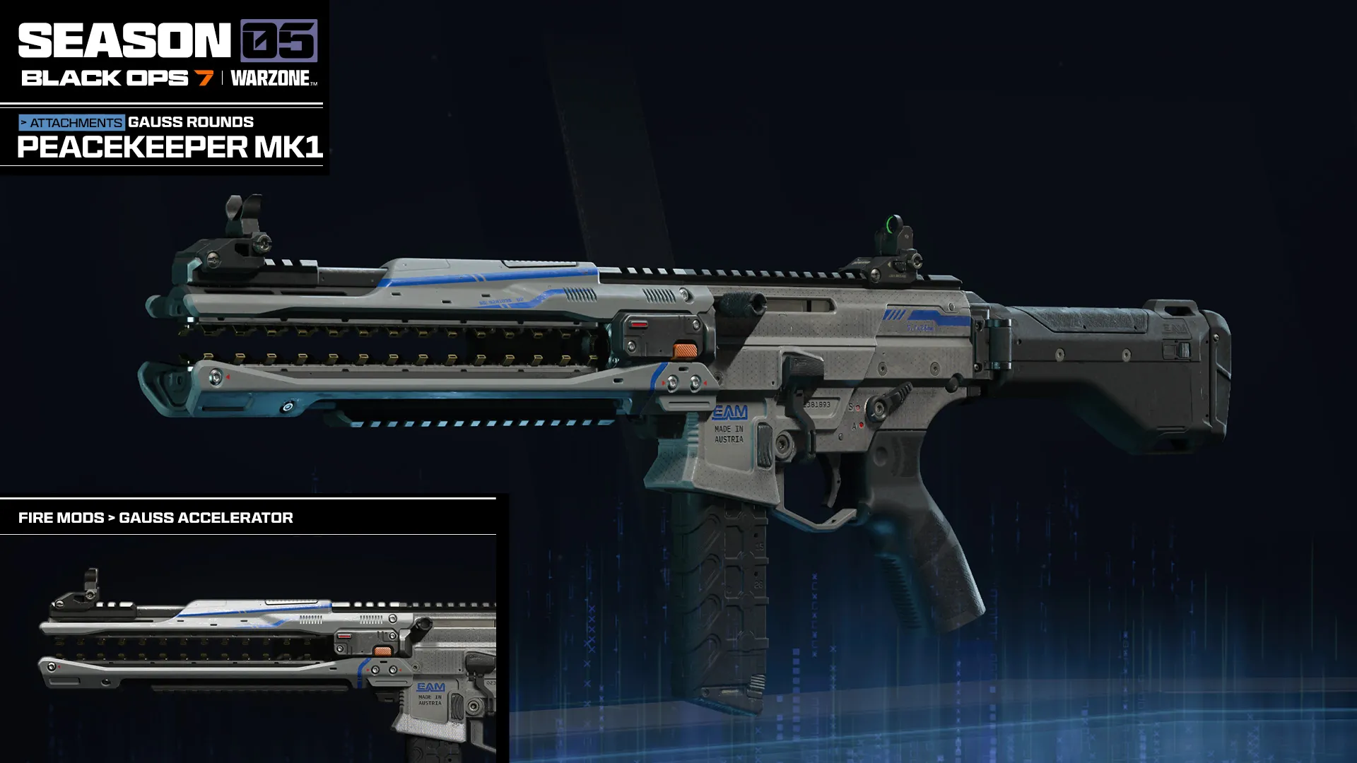Attachment showcase for the Peacekeeper MK1, featuring the Gauss Rounds fire mode conversion.