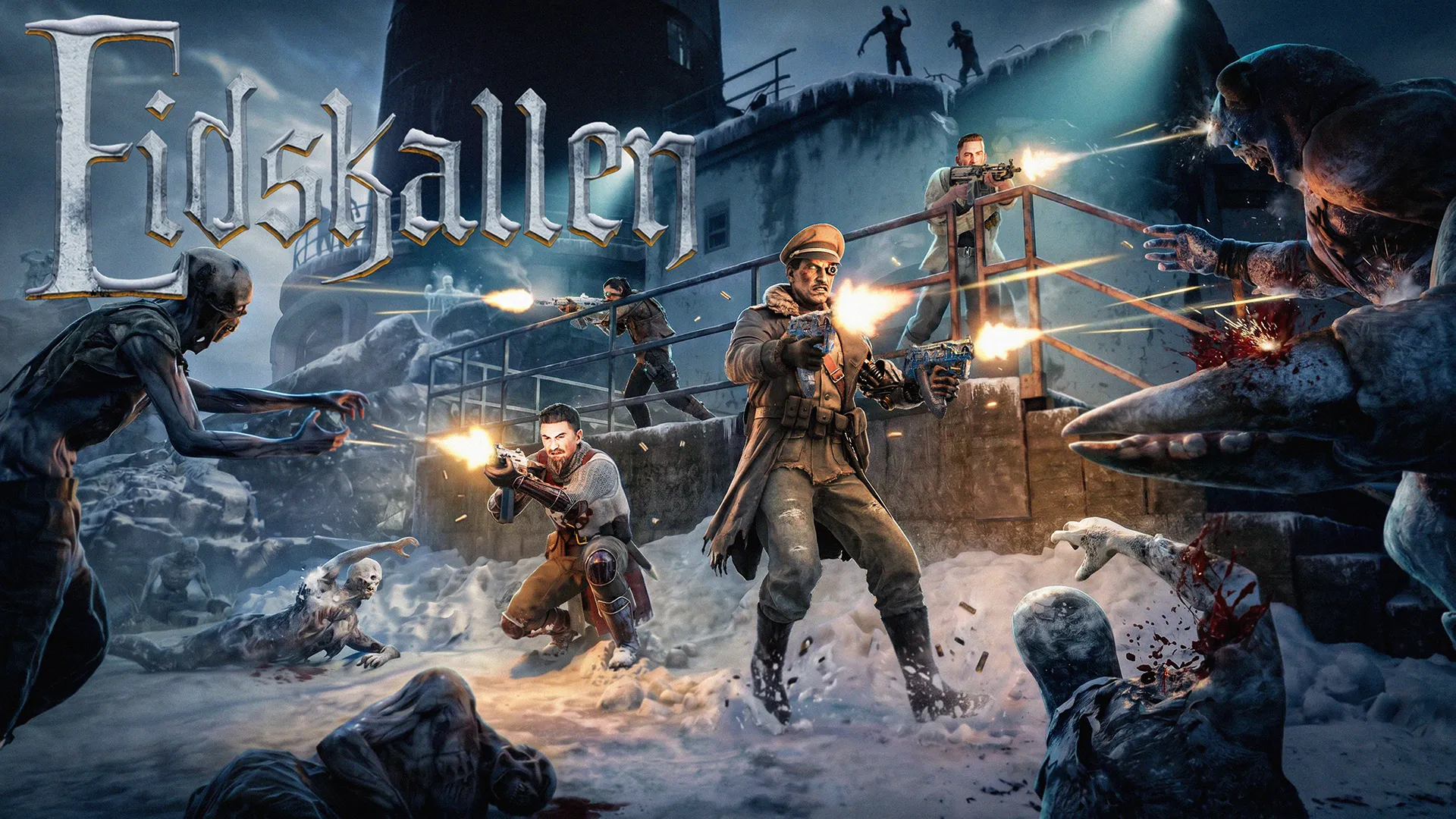 Artwork for Eidskallen, showing soldiers battling zombies in a snowy fortress under night skies.