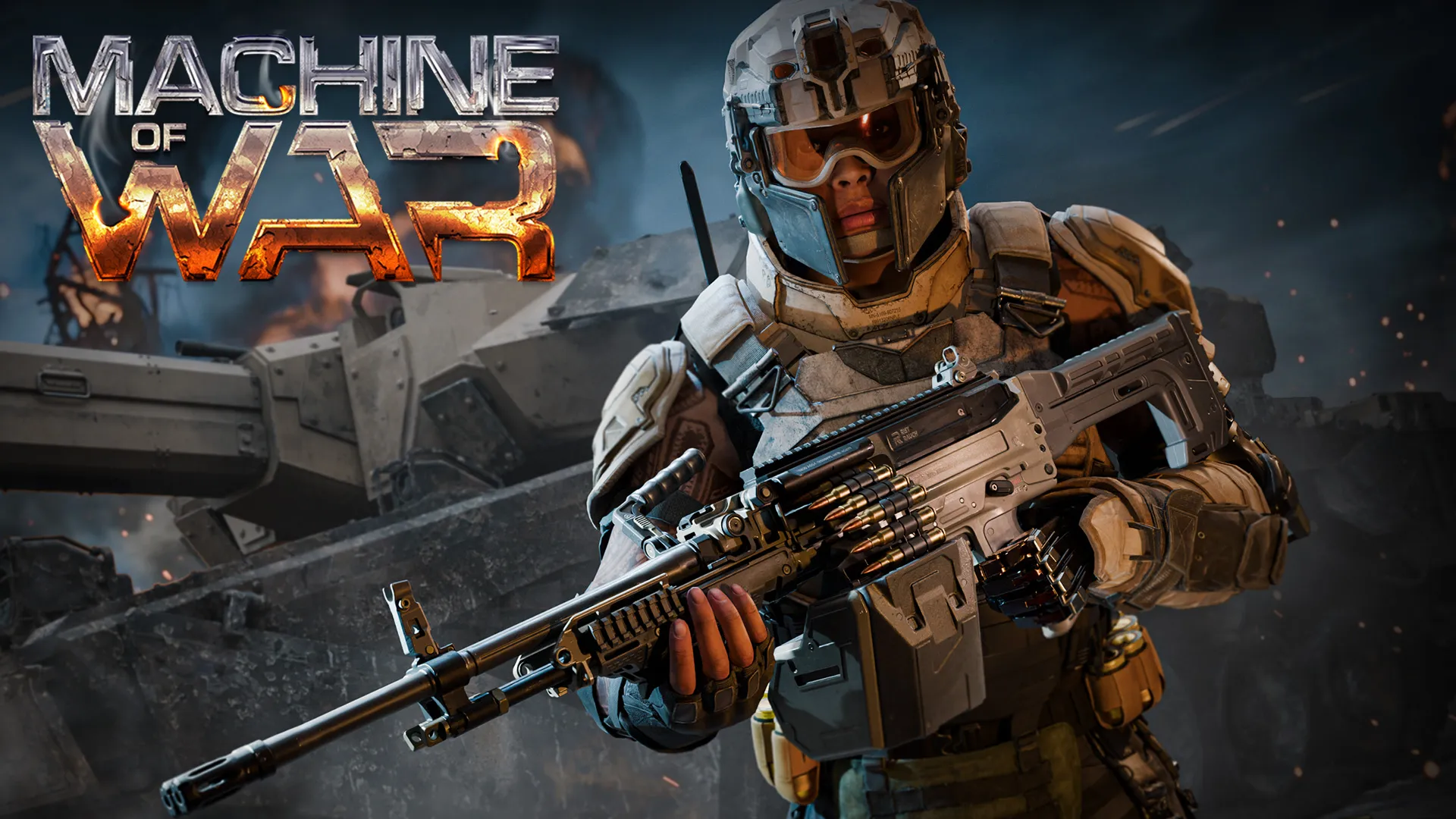 Promotional artwork for Machine of War, featuring an armored soldier holding a heavy machine gun beside a tank.