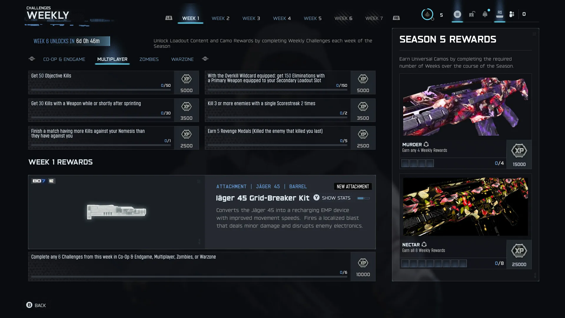 Season 5 Week 1 challenge screen showing multiplayer objectives, rewards, and the Jäger 45 Grid-Breaker Kit unlock.