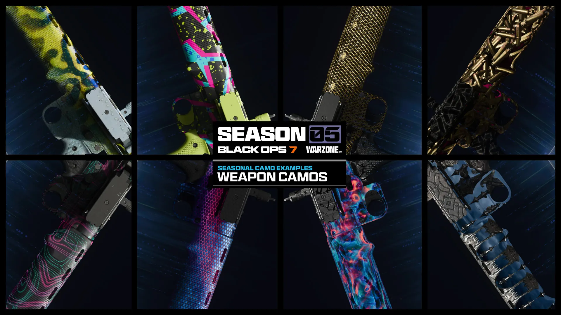 Collage displaying examples of Season 05 weapon camouflage patterns across multiple views of the same Assault Rifle.