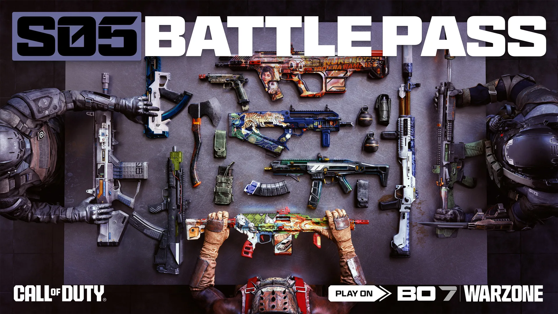 Season 05 Battle Pass promotional image featuring weapon blueprints, operators, and equipment arranged on a tabletop.