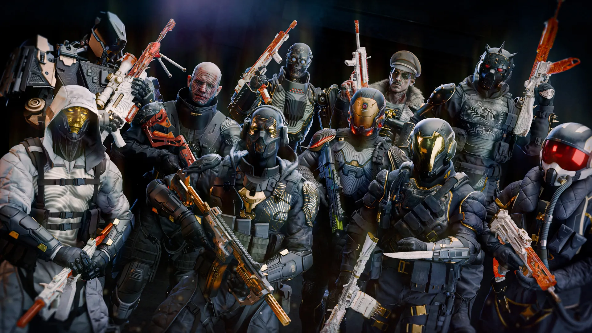 Group portrait of Season 05 operators in futuristic tactical gear holding customized weapons.