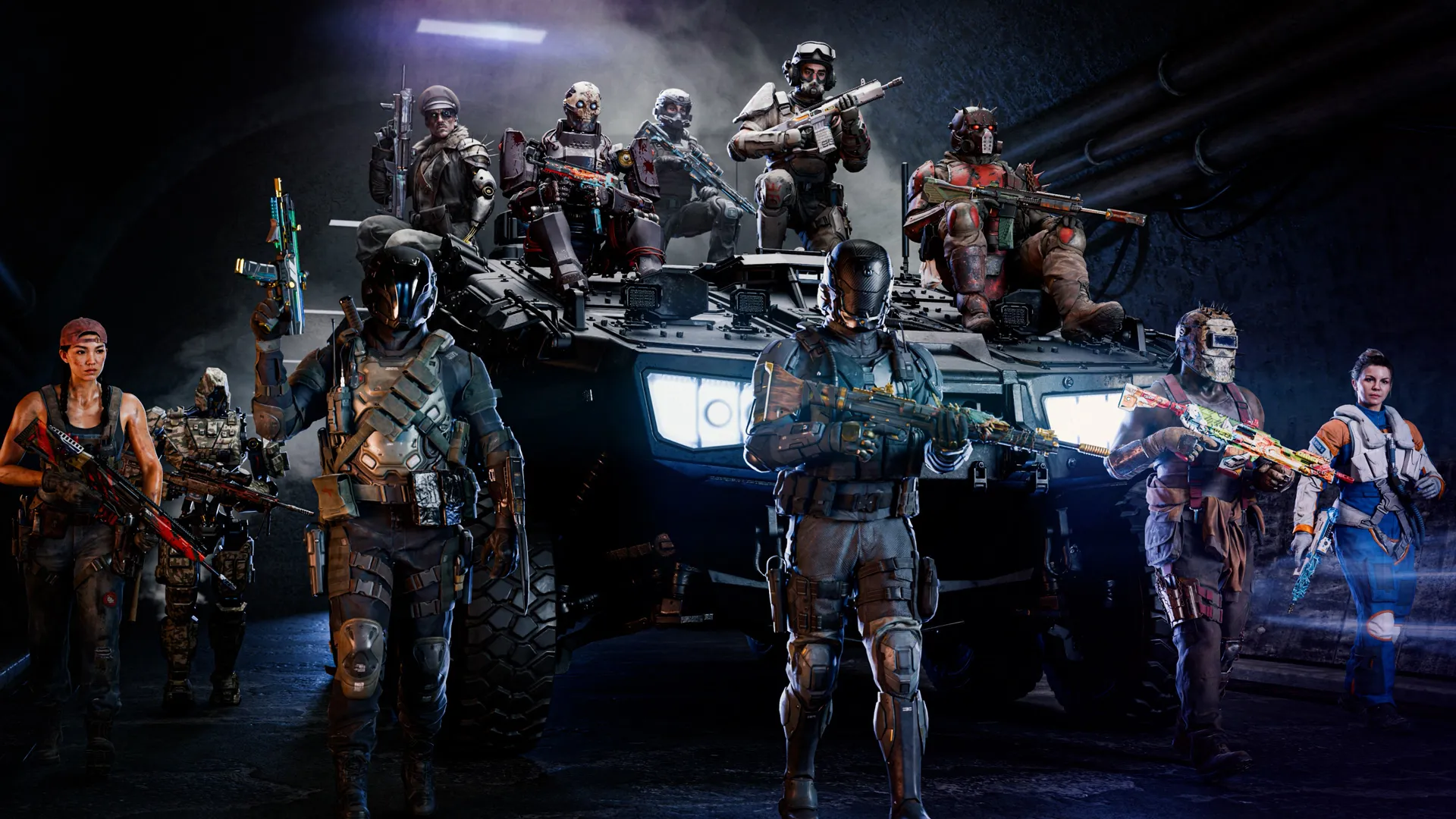Operators pose around an armored vehicle inside a tunnel, showcasing multiple Season 05 character skins.