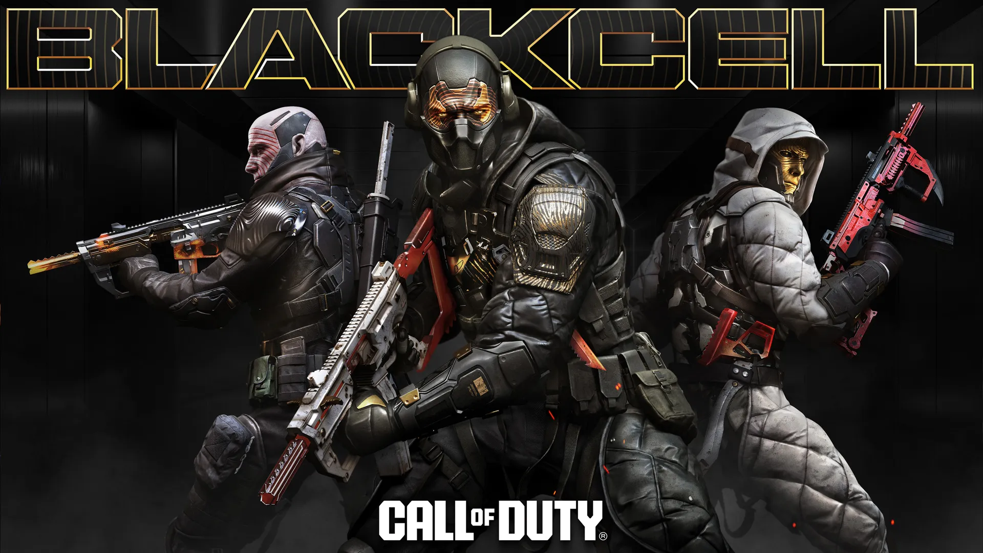 Promotional artwork for the BlackCell collection featuring Cipher, Bit, Hex, Trace, exclusive skins, blueprints, and rewards.