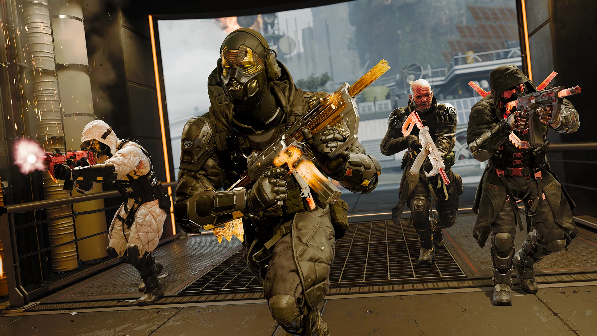 A squad of operators advances through an industrial facility while firing customized weapons.