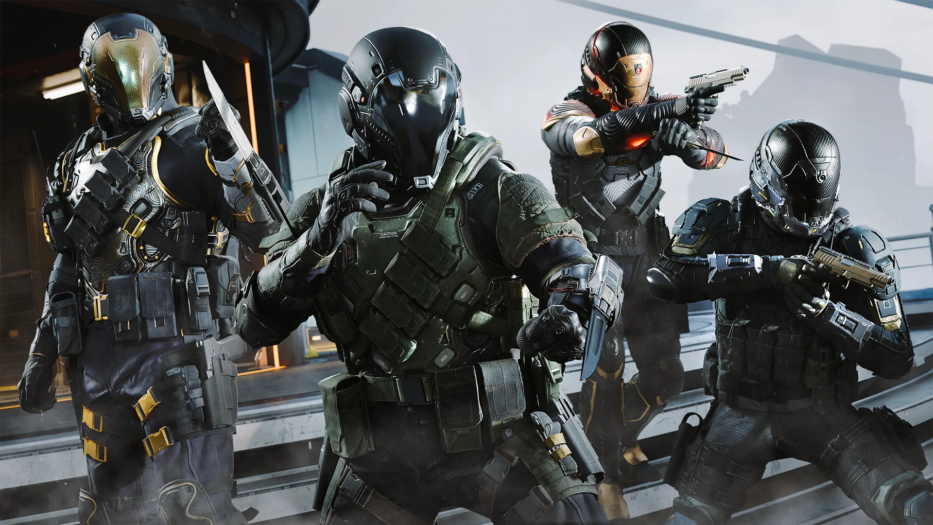 Four futuristic operators pose with pistols and knives in a coordinated tactical formation.