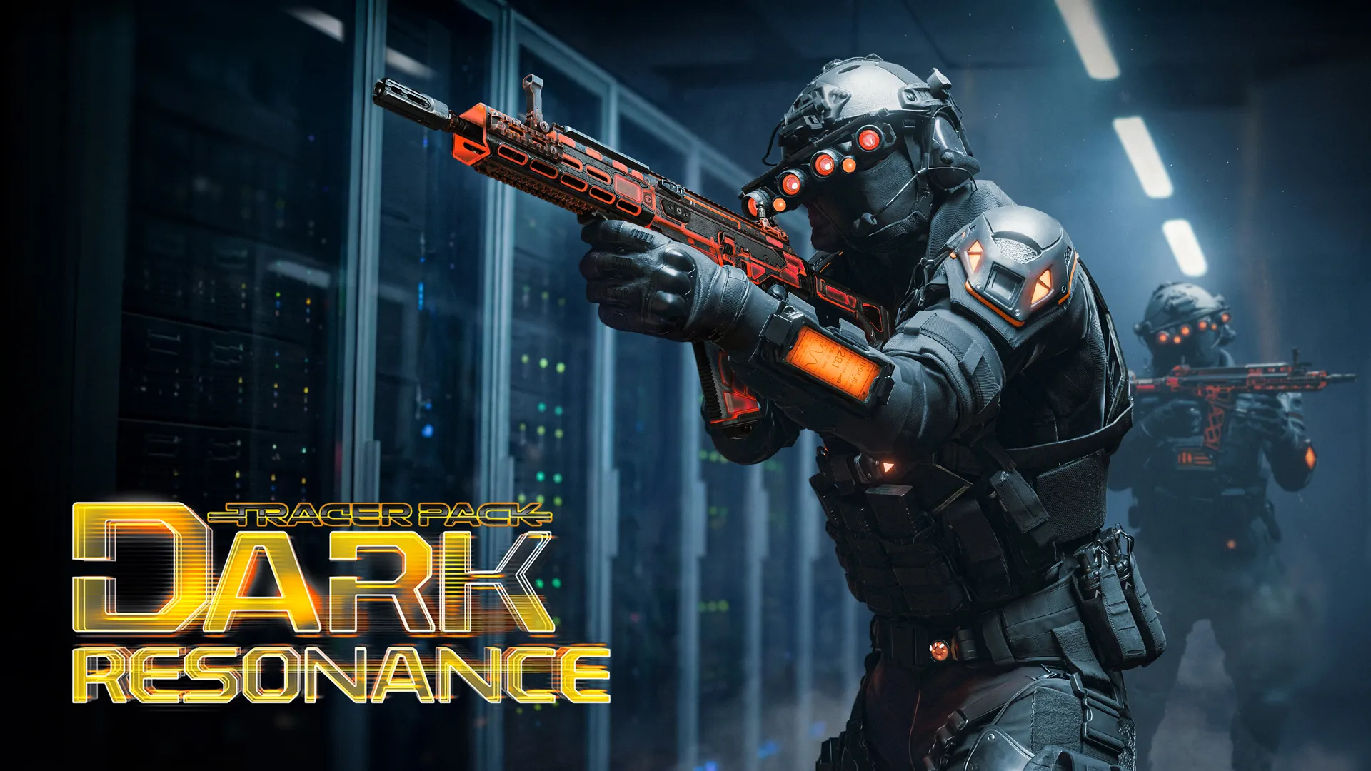 Promotional artwork for the Tracer Pack: Dark Resonance, featuring armored soldiers wielding glowing orange-trimmed weapons in a server room.