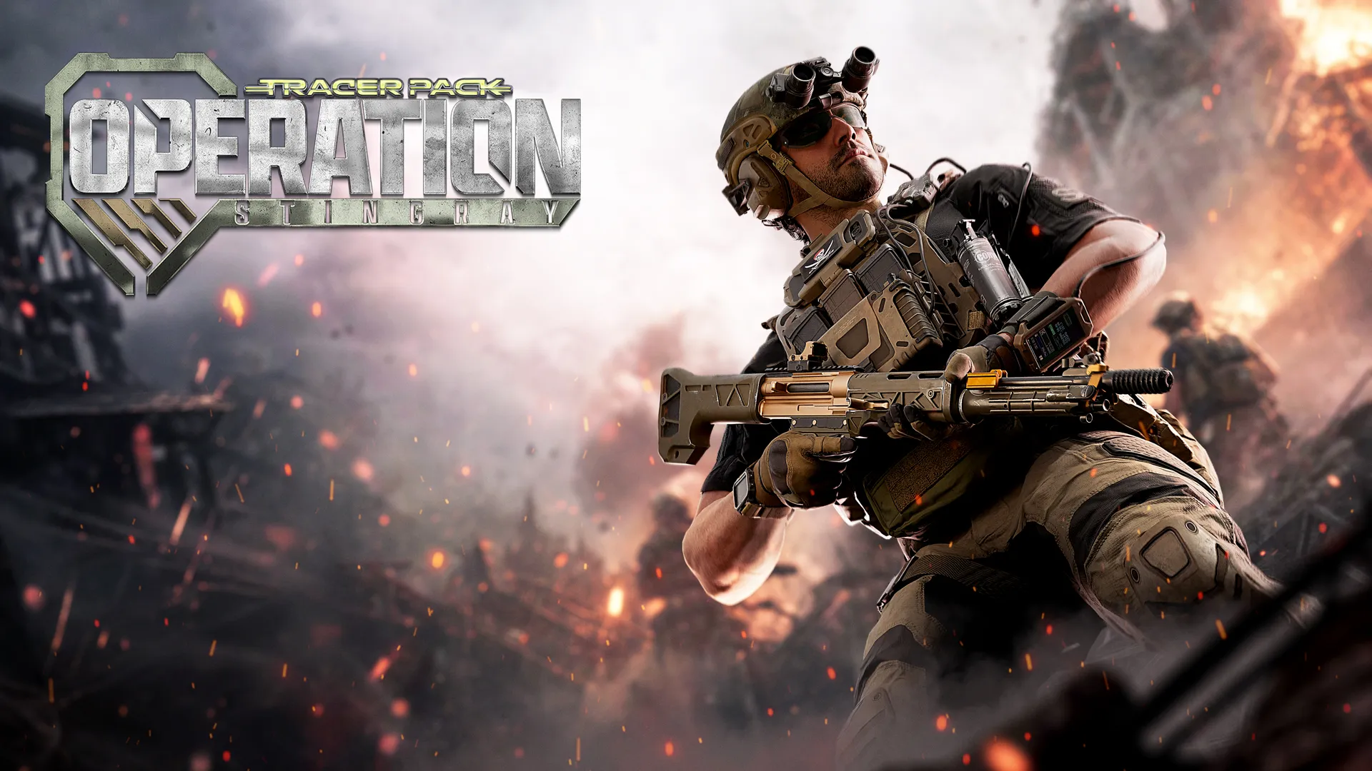 Promotional artwork for the Tracer Pack: Operation Stingray, featuring a soldier with night-vision goggles holding a customized rifle amid explosions.
