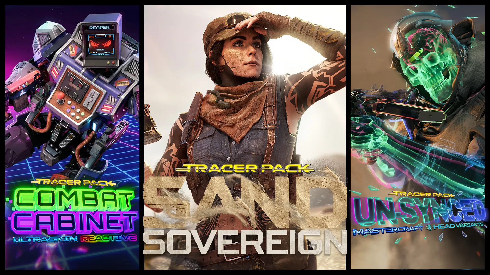 Collection of promotional artwork showcasing Tracer Pack bundles including Combat Cabinet, Land Sovereign, Unsynced, and Safeguard Recharge.