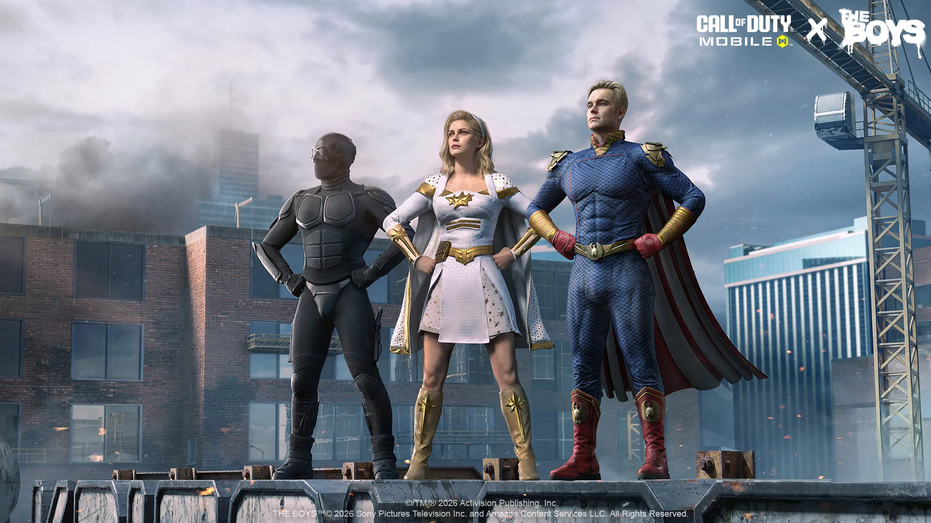 Three superheroes from The Boys stand confidently on a rooftop in a stormy city scene.