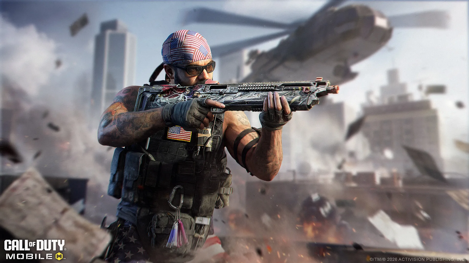 Muscular soldier wearing an American flag bandana aims a shotgun amid explosions and helicopters.